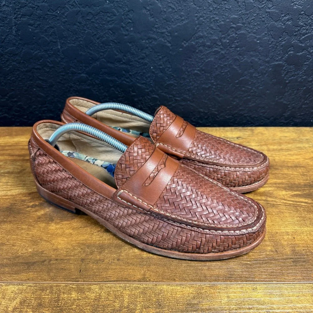 Johnston & Murphy Est. 1850 20-1283 Brown Woven Leather Penny Loafer Mens 10M